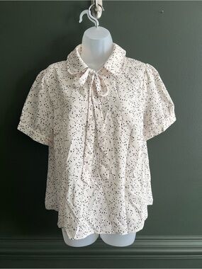 Allegra K Ivory Tie-Neck Short Sleeve Blouse with Black Dot Print